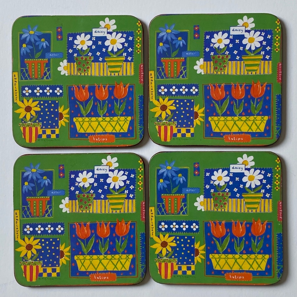 Vintage Coasters Home Essentials Flowers Garden Pot Cork Back Floral Set Of 4